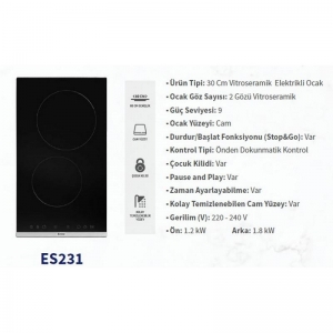 FERRE ES231 VİTROSERAMİK 30CM SİYAH ANKASTRE CAM OCAK