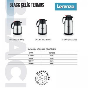 LORENZO BLACK 1,5 LT ÇELİK TERMOS INOX KL:12