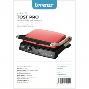 LORENZO - TOST PRO 2000 W 6 DİLİM TOST MAKİNESİ KIRMIZI KL:4